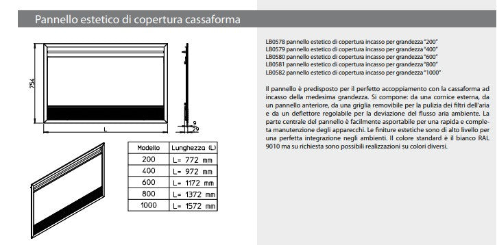 Info Tecniche Pannello estetico per installazione ad incasso ventilconvettore Innova SLI RSI 200