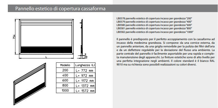 Dettagli Tecnici Pannello estetico per installazione ad incasso ventilconvettore Innova SLI RSI 600.