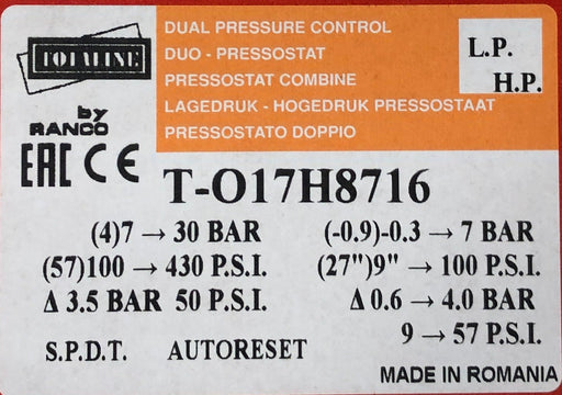 Etichetta Pressostato doppio alta / bassa pressione riarmo automatico Totaline by Ranco